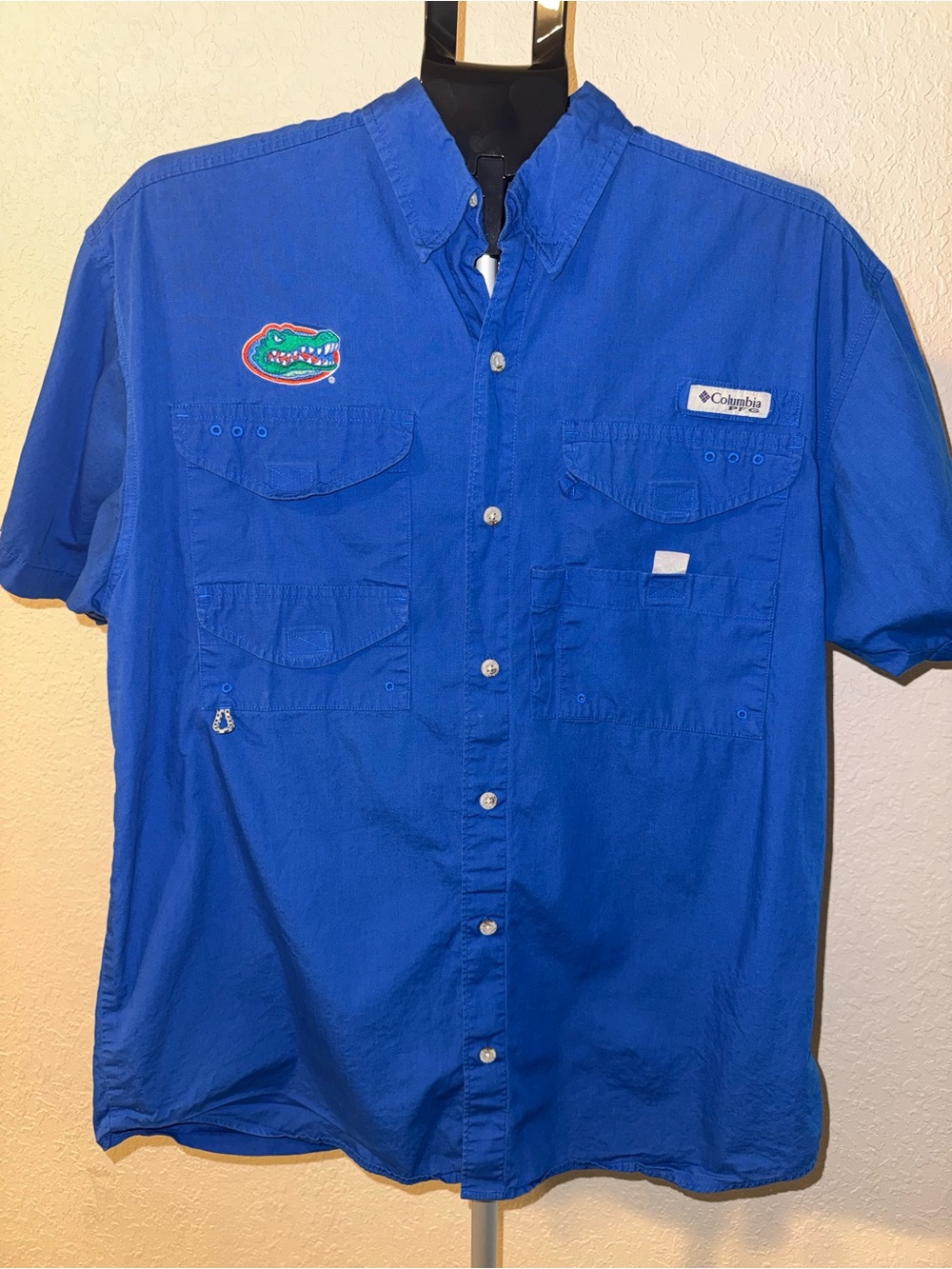 Columbia Blue Short-Sleeve Button-Up Fishing Shirt with Gators Patch